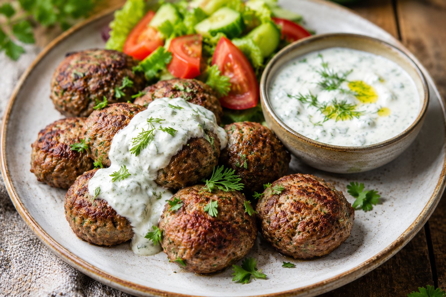 🍖🥣 Печени телешки кюфтета с млечно-чеснов сос